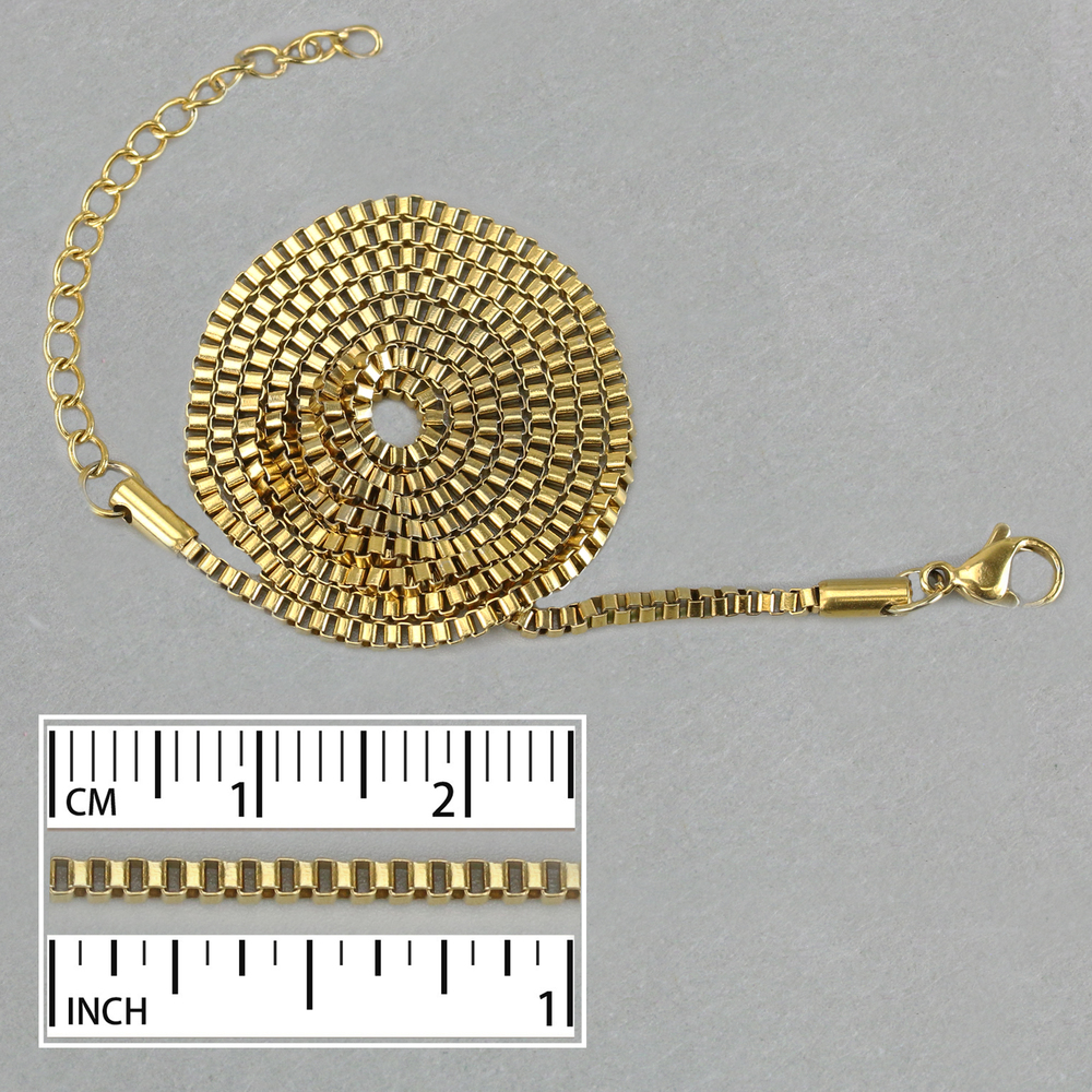 Chain & Clasps Stainless Steel Gold Plated 2.5mm Thick Box Chain, 24" with 2" Chain Extender